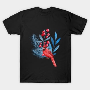 Red Cardinal in Blue Leaves T-Shirt